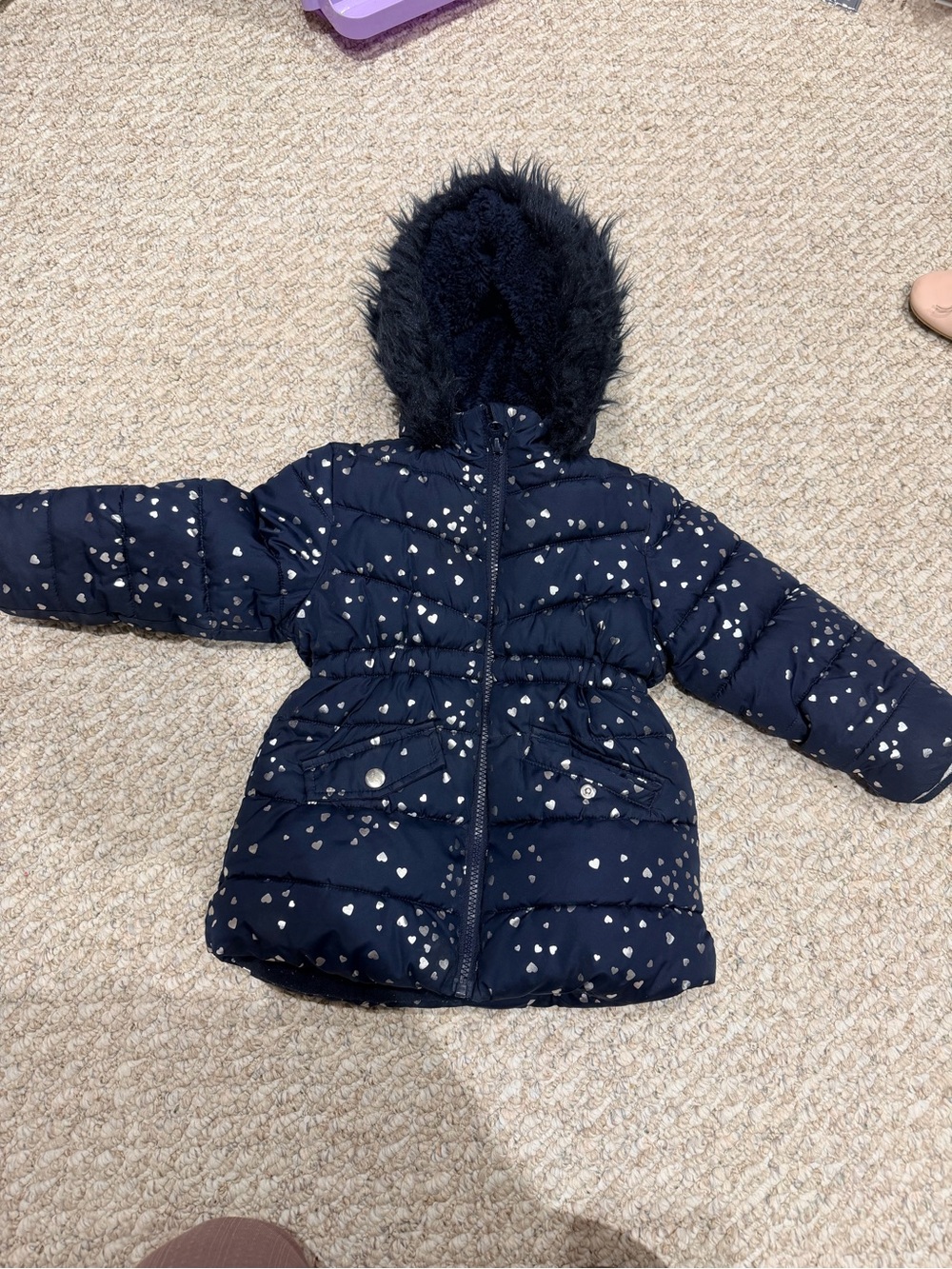 Toddler Girl Navy Blue Heart Puffer Coat with Faux Fur Hood Size 2T